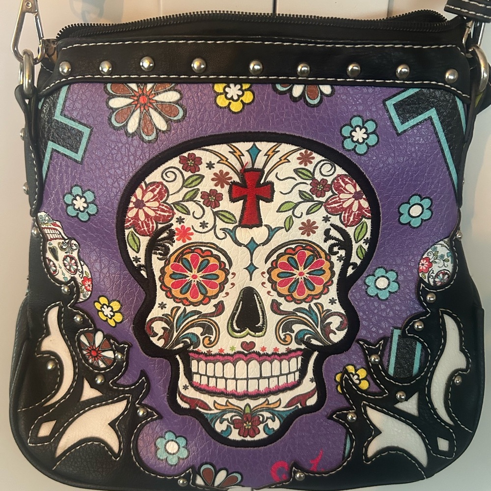 Floral Skull Crossbody Bag - Black and Purple